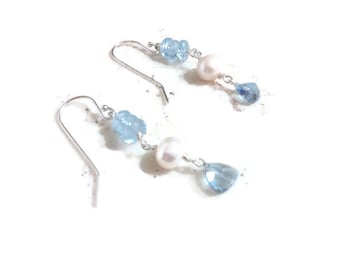 Blue Earrings - Topaz Gemstone Jewelry - Sterling Silver 925 Jewellery - Dangle - Pierced - White Pearl - Luxe