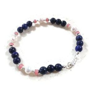 Gemstone Bracelet - Lapis Coral Pearl Jewelry - Multicolor Jewellery - Sterling Silver - Peach - White - Navy Blue - Jewelrybycarmal - Gift