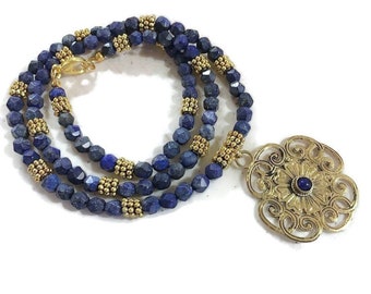 Collar Lapis - Joyería azul marino - Joyería de oro - Joyería de piedras preciosas de declaración - Colgante - Con cuentas