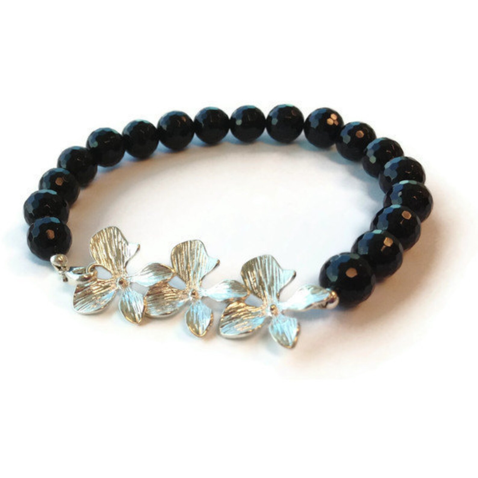 Black Onyx Bracelet Sterling Silver Jewelry Flower Etsy