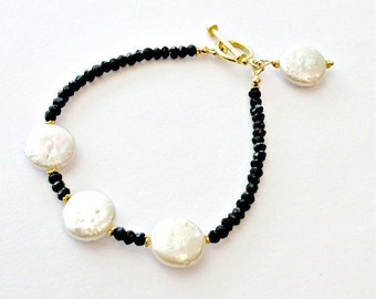 Black White Bracelet - Pearl Spinel Gemstone Jewellery - Gold Jewelry - Luxe  B-178
