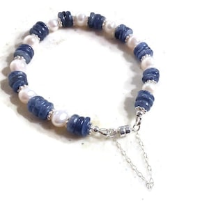 Blue and White Bracelet- Kyanite and Pearl Gemstone Jewelry - Sterling Silver Jewellery - Denim - Safety Chain