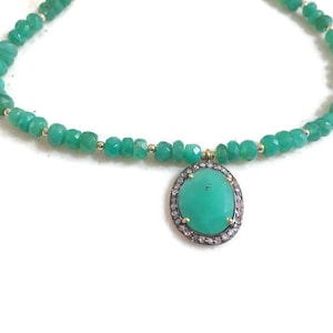 Collier Chrysoprase - Bijoux en pierres précieuses vertes - Bijoux en or - Perlé - Pendentif diamant