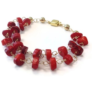 Red Coral Bracelet - Multistrand Jewelry - Box Clasp - Gemstone Jewellery - Fashion Statement Gold Wire Wrapped B-236