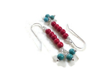 Red Earrings - Turquoise Howlite Gemstone Jewellery - Sterling Silver Jewelry - Blue