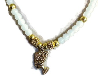 White Necklace - Agate Gemstone - Gold Jewelry - Long Beaded Jewellery - Queen Nefertiti Pendant - Chunky - Egyptian - Carmal - Gift