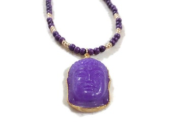 Purple Necklace - Buddha Pendant - Howlite & Jade Gemstone Jewellery - Gold Jewelry - Beaded