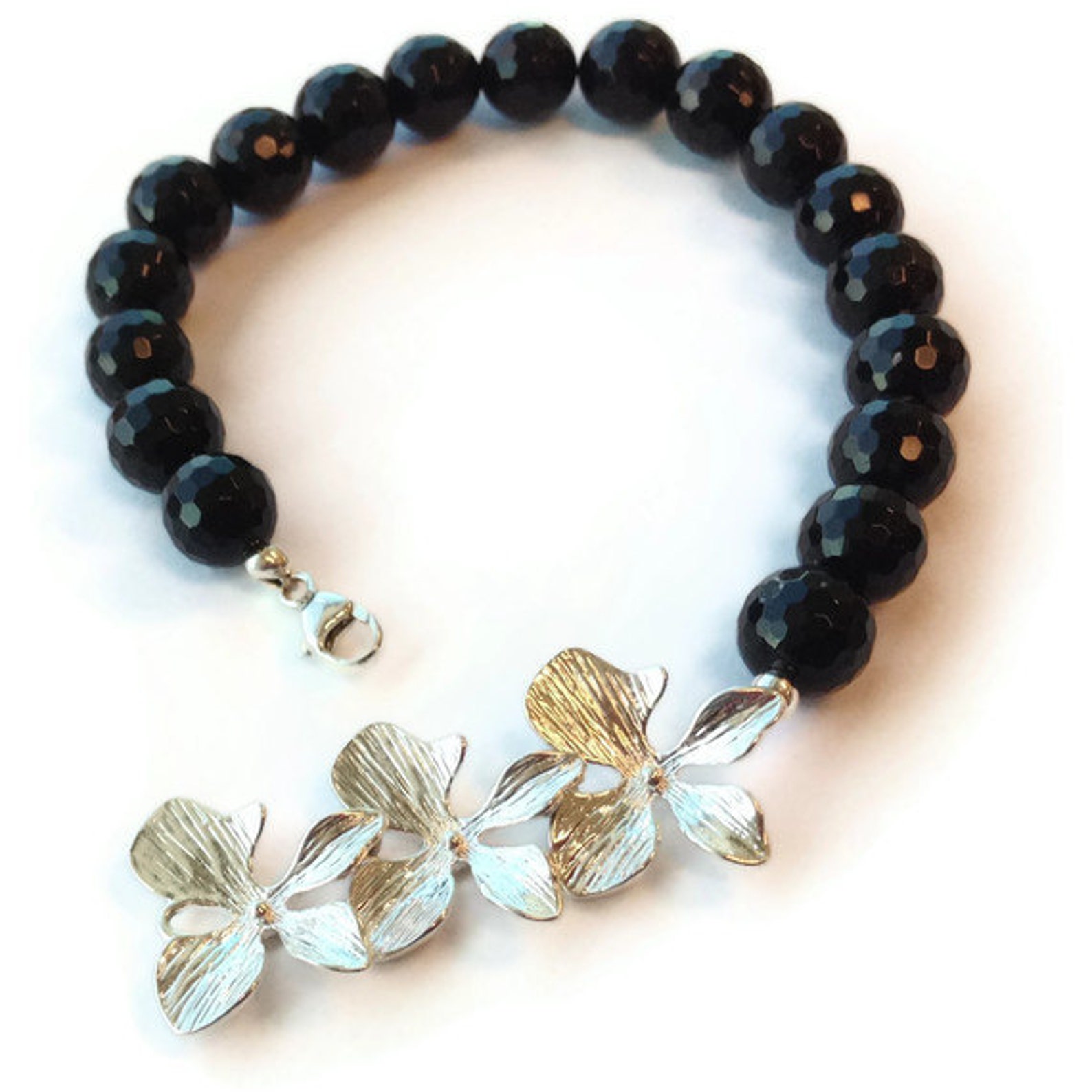 Black Onyx Bracelet Sterling Silver Jewelry Flower Etsy