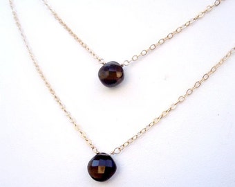 Smoky Quartz Necklaces - Brown Jewelry - Gold Jewellery - Simple Dainty Everyday Layer Stack Gemstone Briolette N-168