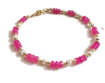 Hot Pink Bracelet - Gold Jewelry - Jade Gemstone Jewellery - White Pearls - Beaded