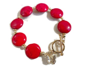 Red Bracelet - Gold Jewelry - Howlite Gemstone Jewellery - Coin Beads - Butterfly Charm - Toggle - Handmade - Beaded - Gift - Carmal