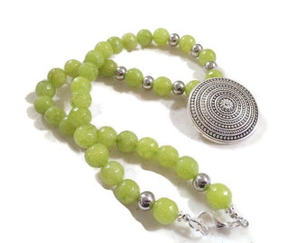 Green Necklace - Jade Gemstone Jewelry - Pendant - Silver Jewellery - Beaded - Chunky