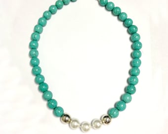 Turquoise & Pearl Necklace - Sterling Silver, Beaded Gemstone