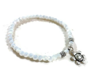 White Bracelet - Crystal Jewelry - Sterling Silver Jewellery - Beaded - Stretchy - Flower Charm