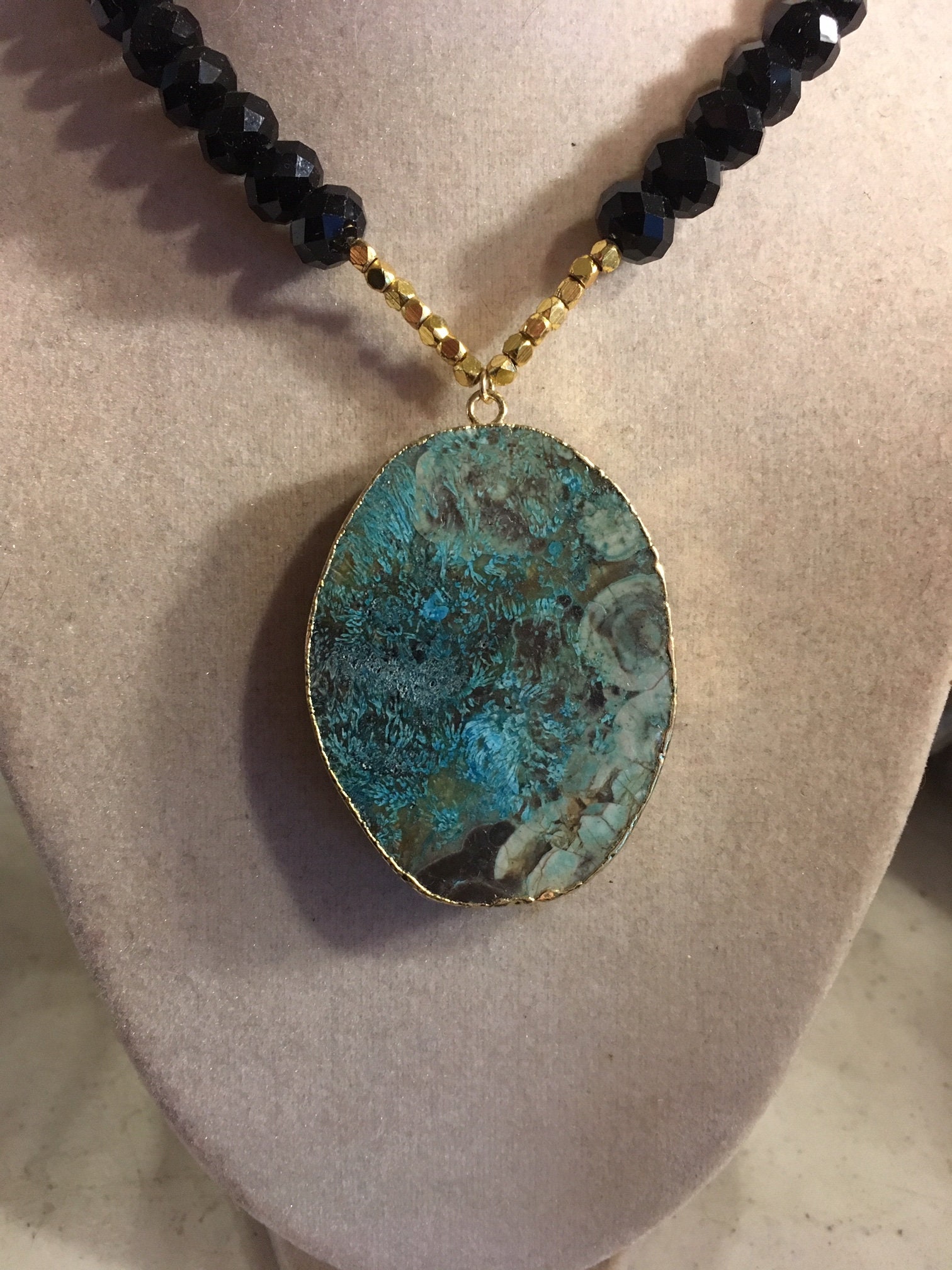 Black Necklace Gemstone Pendant Jewelry Long Statement Etsy