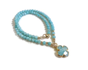 Blue Necklace - Amazonite Gemstone Jewelry - Gold Jewellery - Quatrefoil Pendant - Beaded - Unique - Handmade - Gift - Carmal