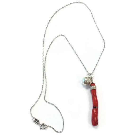 Red Coral Branch Necklace, Sterling Silver Jingle Bell Charm