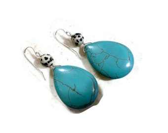 Dalmatian Jasper Earrings - Blue Turquoise Howlite Gemstone Jewellery - Sterling Silver Jewelry - Dangle - Jewelrybycarmal - Handmade - Gift