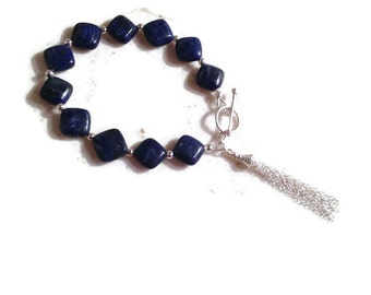 Lapis Bracelet - Navy Blue Jewelry - Sterling Silver Jewellery - Gemstone - Beaded - Blueish black bead bracelet - Chain