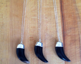 Black Horn Necklace - Tusk Pendant - Agate Gemstone Jewelry - Sterling Silver Jewellery - Long Chain