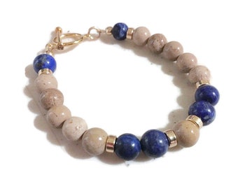 Lapis Bracelet - Tan Fasol Coral Gemstone Jewelry - Gold Jewellery - Navy Blue - Beaded - Lapis Lazuli