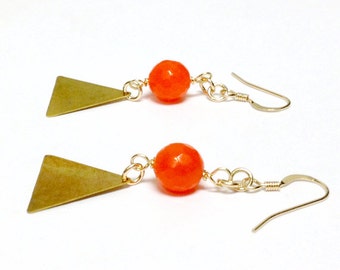 Triangle Earrings Orange Earrings Gold Jewelry Modern Jewellery Geometric Tangerine Jade Gemstone Hipster Fashion