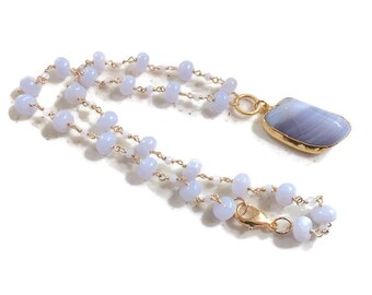 Blue Necklace - Lace Agate Gemstone Pendant - Gold Jewelry - Classic Jewellery