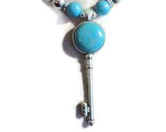 Turquoise Necklace - Key Pendant Jewelry - Long - Silver - Statement - Gemstone Jewellery - Fashion -Trendy - Beaded