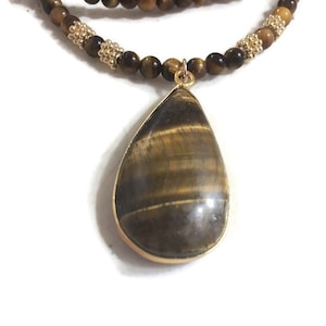 Long Brown Necklace - Tigers Eye Gemstone Jewellery - Pendant Jewelry - Gold - Beaded