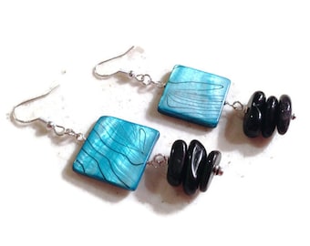 Black and Blue Earrings - Shell and Onyx Jewelry - Sterling Silver Jewellery - Beaded - Fashion - Chic - Gemstone