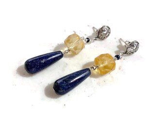 Lapis Lazuli Earrings - Navy Blue Jewelry - Sterling Silver Jewellery - Dangle - Mod - Fashion - Amber Gemstone