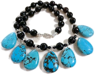 Turquoise Necklace - Black Onyx Gemstone Jewellery - Sterling Silver Jewelry - Trendy - Fashion