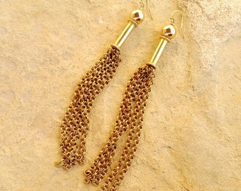 Gold Tassel Earrings -Long Chain Dangle Jewellery - Shoulder Dusters - Everyday Jewelry - Unique Fashion Vogue