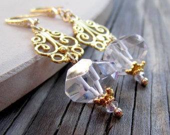 Crystal Quartz Earrings - Wedding Jewelry - Yellow Gold Jewellery - Gemstone - Luxe ER-36