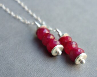Ruby Earrings - July Birthstone - Red Jewellery - Genuine Gemstone - Sterling Silver Jewelry - Chain - Simple - Dangle - Pierced