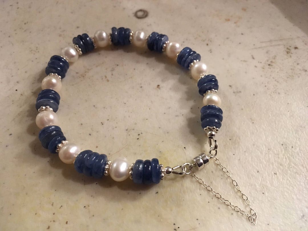 Blue and White Bracelet Kyanite and Pearl Gemstone Jewelry Sterling ...