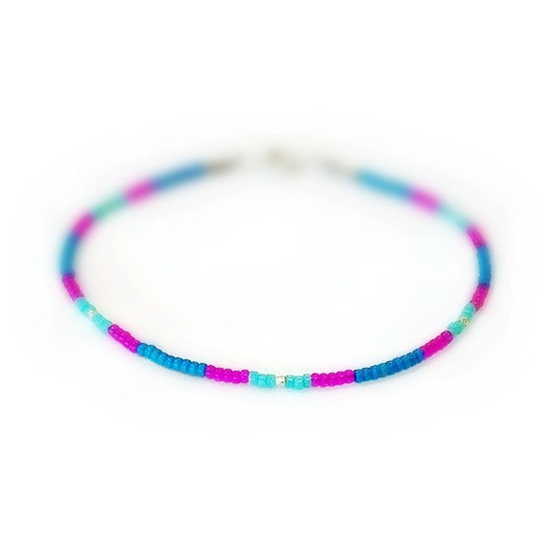 Neon Stackable Bracelet Sterling Silver Jewelry Neon Pink and Blue Bright Beaded Jewellery Layer Thin Skinny Everyday Minimal B-260 image 5