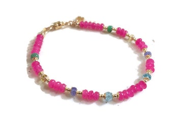 Hot Pink Bracelet - Gold Jewelry - Jade Gemstone Jewellery - Clover Charm - Apatite - Chrysoprase - Tanzanite - Citrine