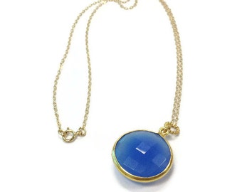 Blue Necklace - Yellow Gold Jewelry - Chalcedony Gemstone Jewellery - Modern - Drop - Pendant - Cobalt Blue - Chain N-308 309 310