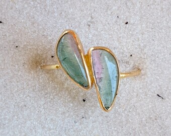 Watermelon tourmaline and solid 18k gold ring