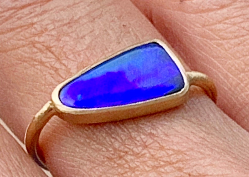 Huge flash blue Boulder opal and solid 22k gold ring image 1