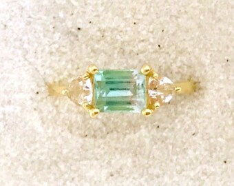 Paraiba color bi color tourmaline and phenakite solid 18k gold ring