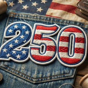 May include: Embroidered patch with the number "250" in red, white, and blue, resembling the American flag, on a denim pocket. The patch is surrounded by spools of thread, buttons, and a leather wallet, suggesting a craft or sewing theme.