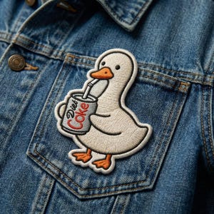 May include: Embroidered patch featuring a white cartoon goose holding a Diet Coke can with a straw. The goose has orange feet and a beak. The patch is sewn onto a blue denim jacket pocket.