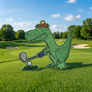 Embroidered T-Rex Golfing Patch – Iron On / Sew On Applique (3–9 Inches)