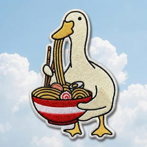 Embroidered Goose Ramen Patch – Kawaii Duck Soup Bowl Applique (Iron-On/Sew-On)