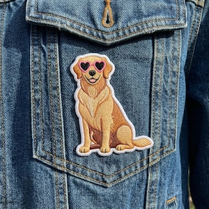 Golden Retriever Patch, Heart Sunglasses, Embroidered Dog Applique Badge