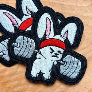 Weightlifting Bunny Embroidered Patch – Funny Gym Workout Barbell Applique (Iron On/Sew On)