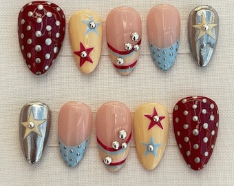 Uñas postizas estilo Y2K Star, uñas 3D cromadas plateadas rojas y azules, uñas retro de lunares, uñas postizas de gel hechas a mano, uñas llamativas y bonitas.