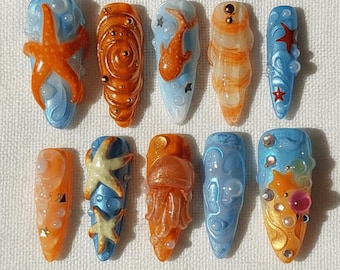 3D Ocean Press On Nails | Starfish Jellyfish Mermaid Nails | Summer Beach Nail Set | Handmade Sea Life Nail Art